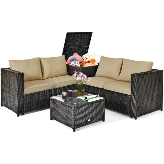 4 Pieces Outdoor Patio Rattan Furniture Set with Cushioned Loveseat and Storage Box-Brown at Set Shop and Smile