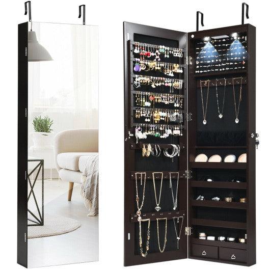 Wall and Door Mounted Mirrored Jewelry Cabinet with Lights-Brown at Set Shop and Smile