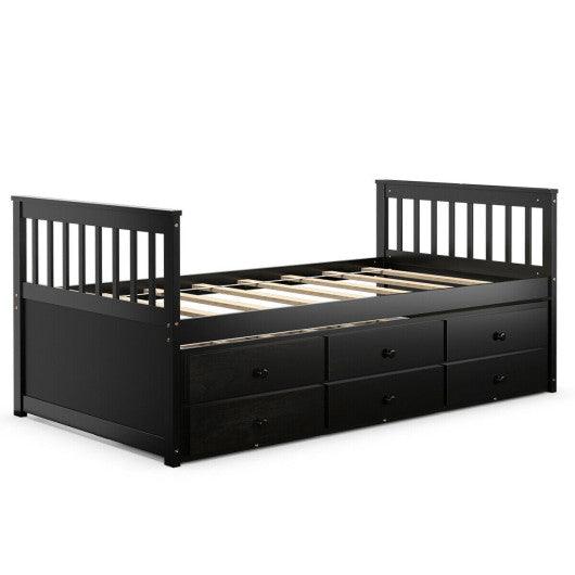 Twin Captain’s Bed with Trundle and 3 Storage Drawers-Dark Brown at Set Shop and Smile