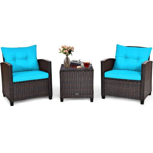 3 Pcs Patio Rattan Furniture Set Cushioned Conversation Set Coffee Table-Turquoise at Set Shop and Smile