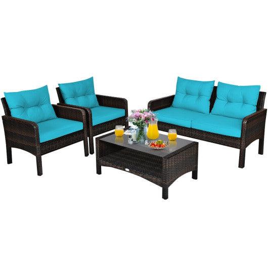 4 Pieces Outdoor Rattan Wicker Loveseat Furniture Set with Cushions-Turquoise at Set Shop and Smile