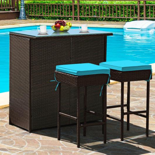3PCS Patio Rattan Wicker Bar Table Stools Dining Set-Turquoise at Set Shop and Smile