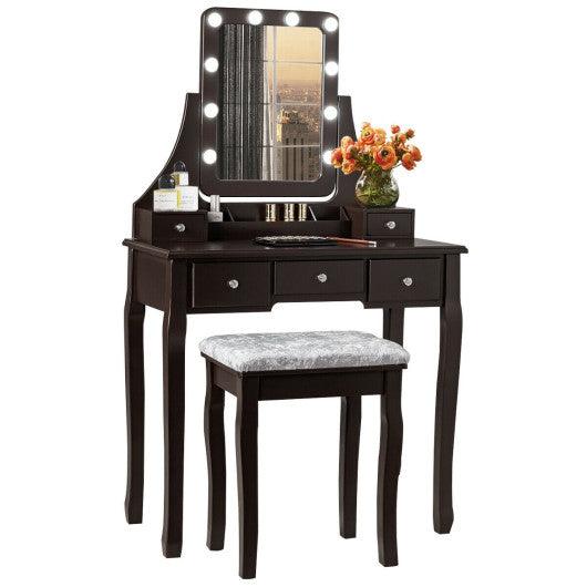 Vanity Dressing Table Set with 10 Dimmable Bulbs and Cushioned Stool-Brown at Set Shop and Smile