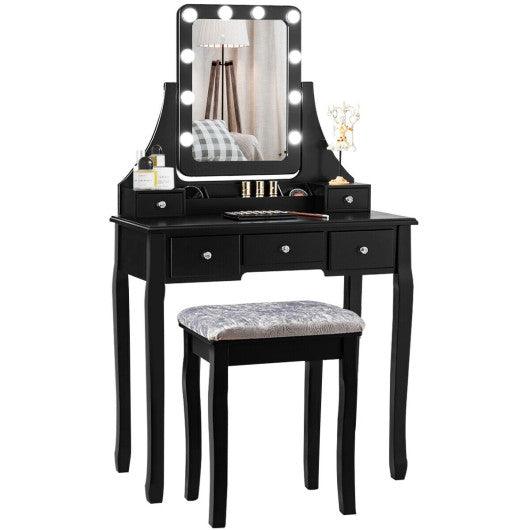 Vanity Dressing Table Set with 10 Dimmable Bulbs and Cushioned Stool-Black at Set Shop and Smile