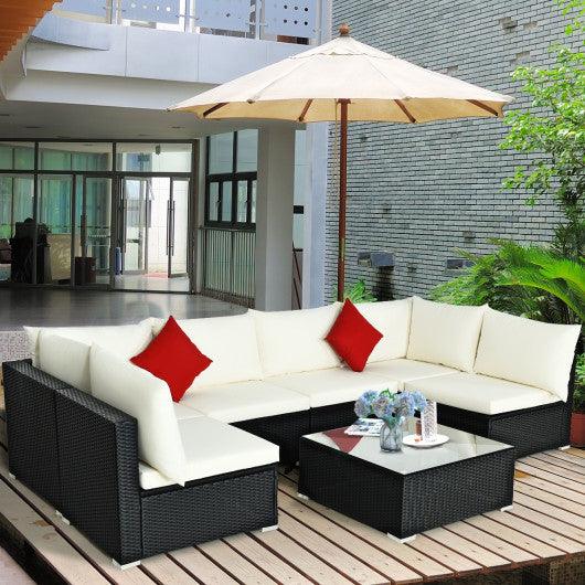 7-Piece Outdoor Sectional Wicker Patio Sofa Set with Tempered Glass Top-Beige at Set Shop and Smile