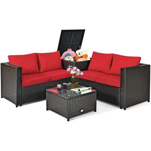 4 Pieces Outdoor Patio Rattan Furniture Set with Cushioned Loveseat and Storage Box-Red at Set Shop and Smile