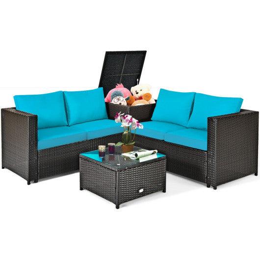 4 Pieces Outdoor Patio Rattan Furniture Set with Cushioned Loveseat and Storage Box-Turquoise at Set Shop and Smile
