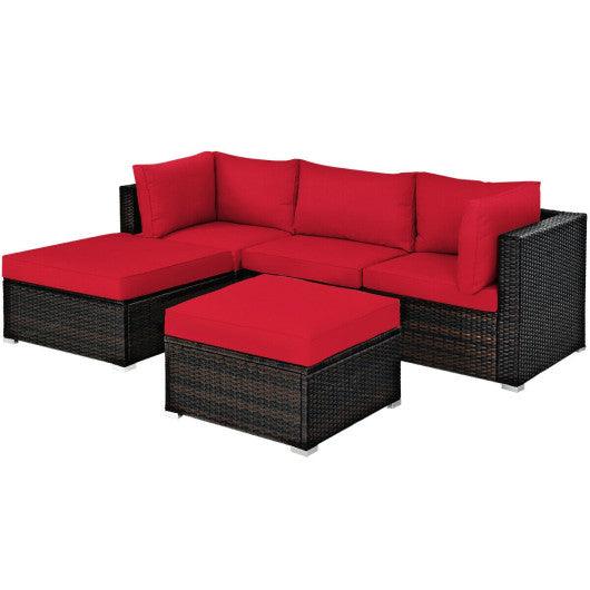 5 Pieces Patio Rattan Sofa Set with Cushion and Ottoman-Red at Set Shop and Smile