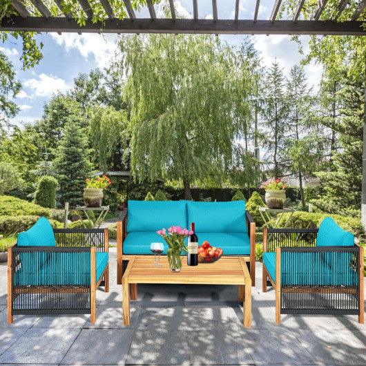 4 Pcs Acacia Wood Outdoor Patio Furniture Set with Cushions-Turquoise at Set Shop and Smile