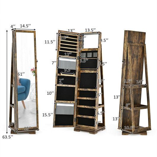 360° Rotatable 2-in-1 Lockable Jewelry Cabinet with Full-Length Mirror-Rustic Brown at Set Shop and Smile