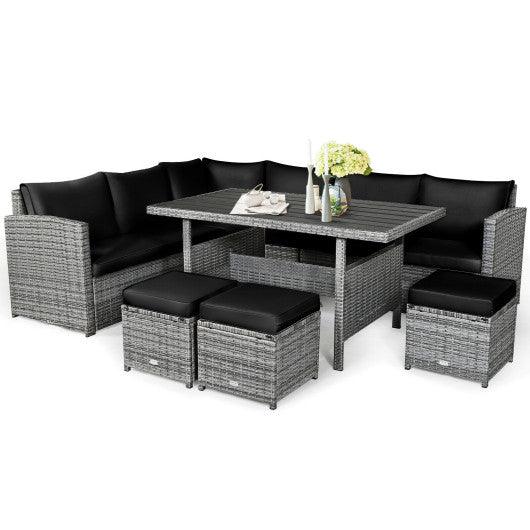 7 Pieces Patio Rattan Dining Furniture Sectional Sofa Set with Wicker Ottoman-Black at Set Shop and Smile