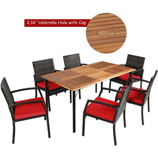7Pcs Patio Rattan Cushioned Dining Set with Umbrella Hole-Red at Set Shop and Smile
