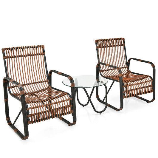 3 Pieces Patio Rattan Furniture Set with 2 Single Wicker Chairs and Glass Side Table at Set Shop and Smile