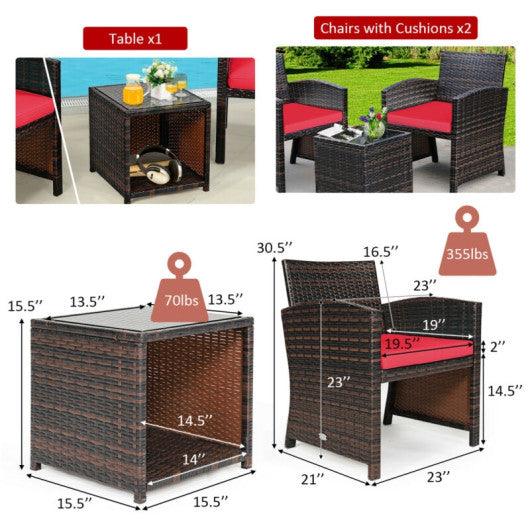3 Pieces PE Rattan Wicker Furniture Set with Cushion Sofa Coffee Table for Garden-Red at Set Shop and Smile