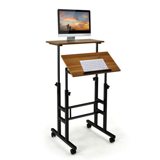 Height Adjustable Mobile Standing Desk with rolling wheels for office and home-Walnut at Set Shop and Smile