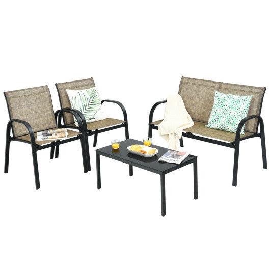 4 Pieces Patio Furniture Set with Glass Top Coffee Table-Brown at Set Shop and Smile