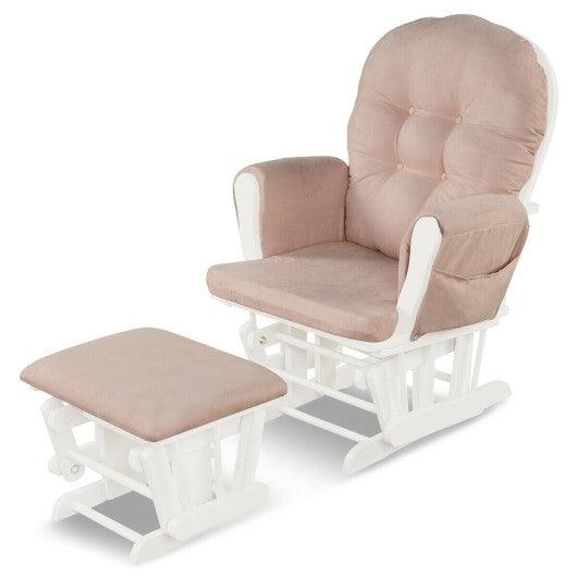 Wood Glider and Ottoman Set with Padded Armrests and Detachable Cushion-Pink at Set Shop and Smile