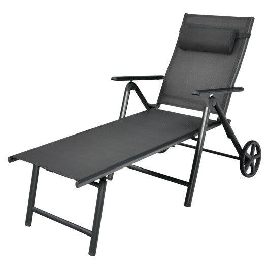 Patio Lounge Chair with Wheels Neck Pillow Aluminum Frame Adjustable-Gray at Set Shop and Smile
