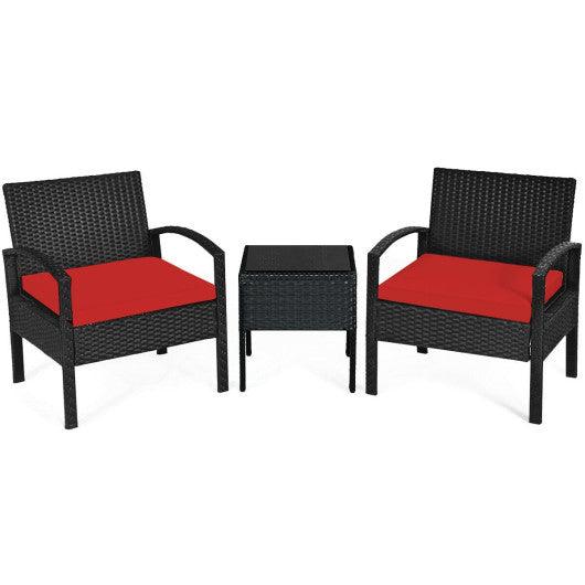 3 Pieces Outdoor Rattan Patio Conversation Set with Seat Cushions-Red at Set Shop and Smile
