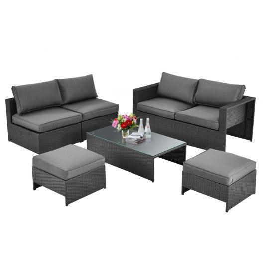 6 Pieces Patio Rattan Furniture Set with Glass Table and Cushioned Seat-Gray at Set Shop and Smile