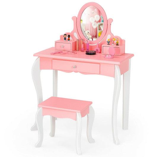 Kids Vanity Princess Makeup Dressing Table Stool Set with Mirror and Drawer-Pink at Set Shop and Smile