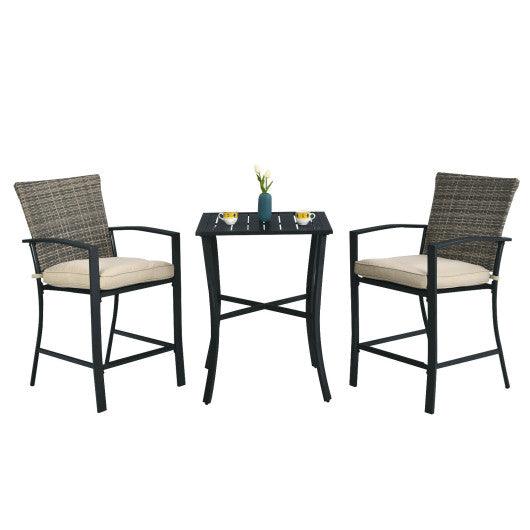 3 Pieces Patio Rattan Bar Furniture Set with Slat Table and 2 Cushioned Stools-Gray at Set Shop and Smile