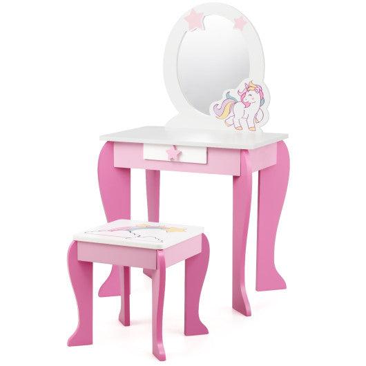 Kids Wooden Makeup Dressing Table and Chair Set with Mirror and Drawer at Set Shop and Smile