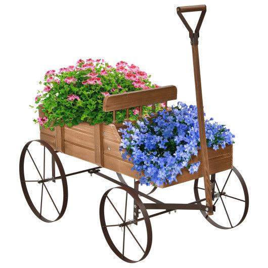 Wooden Wagon Plant Bed With Wheel for Garden Yard-Brown at Set Shop and Smile