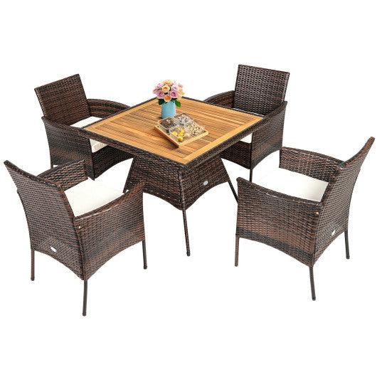 5 Pieces Patio Rattan Dining Furniture Set with Arm Chair and Wooden Table Top at Set Shop and Smile