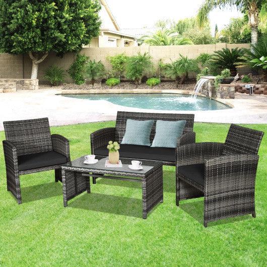 4 Pieces Patio Rattan Furniture Set with Glass Table and Loveseat-Black at Set Shop and Smile