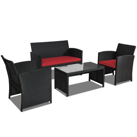 4 Pieces Rattan Patio Furniture Set with Weather Resistant Cushions and Tempered Glass Tabletop-Red at Set Shop and Smile