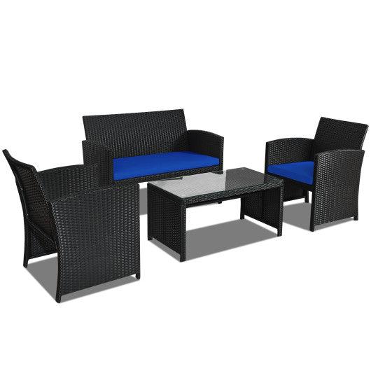 4 Pieces Rattan Patio Furniture Set with Weather Resistant Cushions and Tempered Glass Tabletop-Navy at Set Shop and Smile