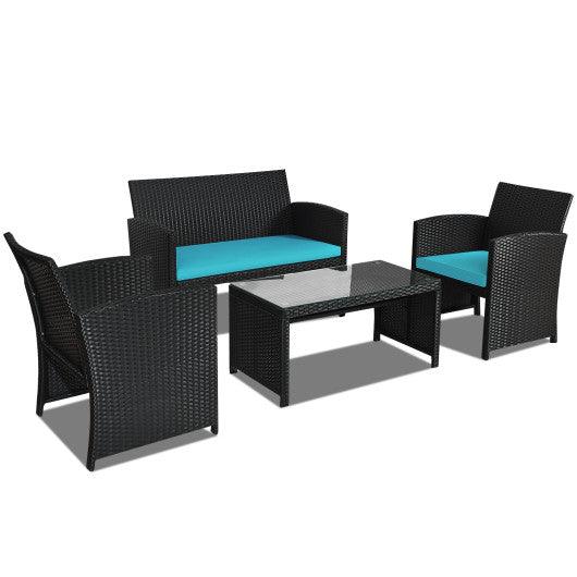 4 Pieces Rattan Patio Furniture Set with Weather Resistant Cushions and Tempered Glass Tabletop-Turquoise at Set Shop and Smile