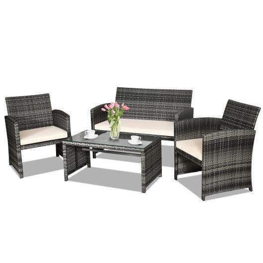 4 Pcs Patio Rattan Furniture Set Top Sofa With Glass Table-White at Set Shop and Smile