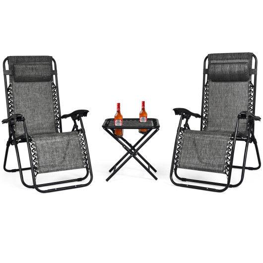 3 Pieces Folding Portable Zero Gravity Reclining Lounge Chairs Table Set-Gray at Set Shop and Smile
