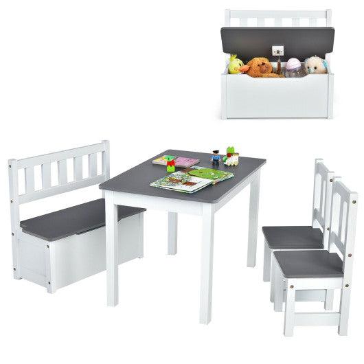 4 Pieces Kids Wooden Activity Table and Chairs Set with Storage Bench and Study Desk-Gray at Set Shop and Smile
