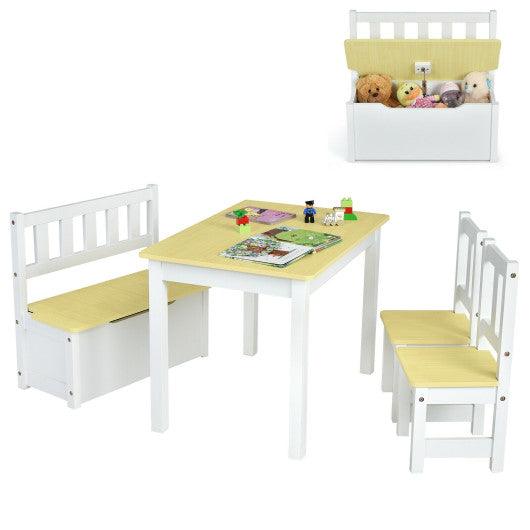 4 Pieces Kids Wooden Activity Table and Chairs Set with Storage Bench and Study Desk-Natural at Set Shop and Smile