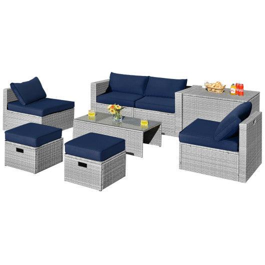 8 Pieces Patio Rattan Furniture Set with Storage Waterproof Cover and Cushion-Navy at Set Shop and Smile