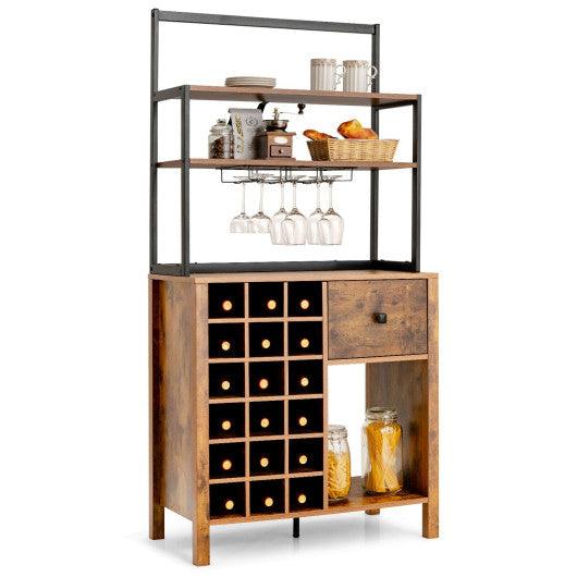 Kitchen Bakers Rack Freestanding Wine Rack Table with Glass Holder and Drawer-Rustic Brown at Set Shop and Smile