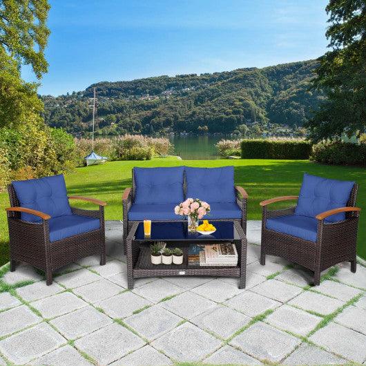 4 Pieces Patio Rattan Furniture Set with Cushioned Sofa and Storage Table-Navy at Set Shop and Smile