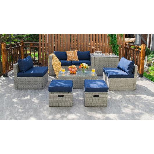 8 Pieces Patio Rattan Furniture Set with Storage Waterproof Cover and Cushion-Navy at Set Shop and Smile