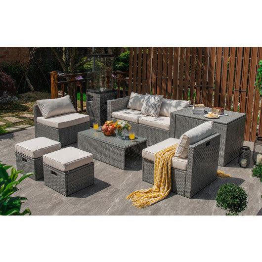 8 Pieces Patio Rattan Furniture Set with Storage Waterproof Cover and Cushion-Off White at Set Shop and Smile