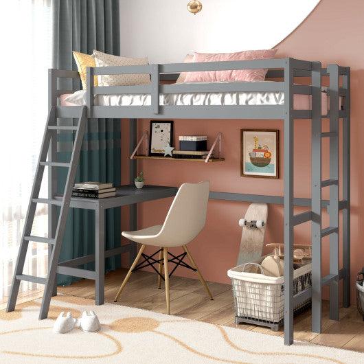 Twin Size Loft Bed Frame with Desk Angled and Built-in Ladder-Gray at Set Shop and Smile