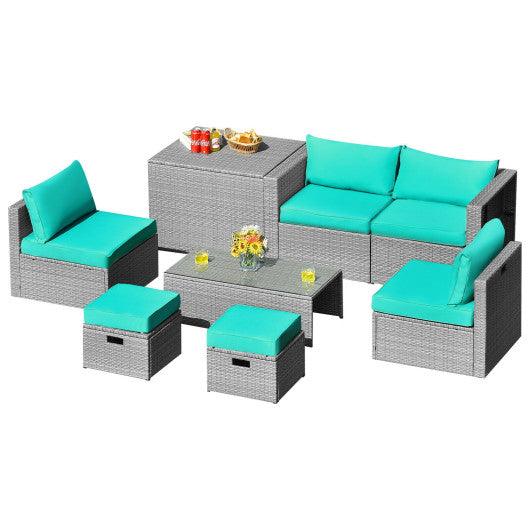 8 Pieces Patio Rattan Furniture Set with Storage Waterproof Cover and Cushion-Turquoise at Set Shop and Smile