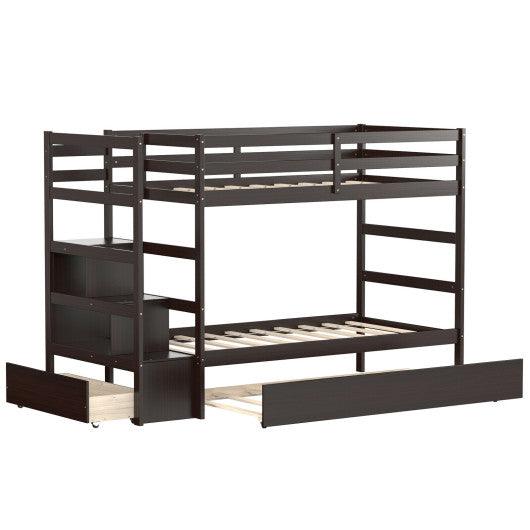 Twin Over Twin Bunk Bed with Storage Shelf and Drawer-Dark Brown at Set Shop and Smile