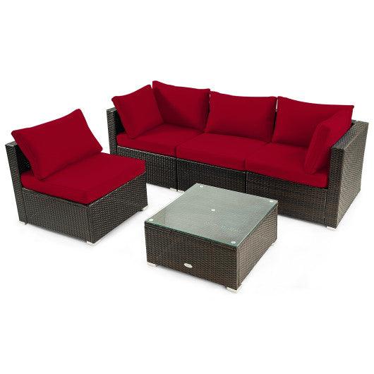 5 Pieces Cushioned Patio Rattan Furniture Set with Glass Table-Red at Set Shop and Smile