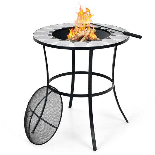 23.5 Inches Round Fire Pit Table with Mesh Cover and Fire Poker at Set Shop and Smile