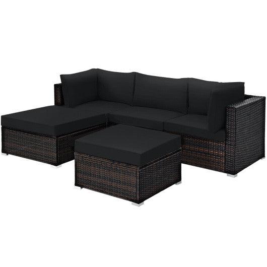 5 Pieces Patio Sectional Rattan Furniture Set with Ottoman Table-Black at Set Shop and Smile