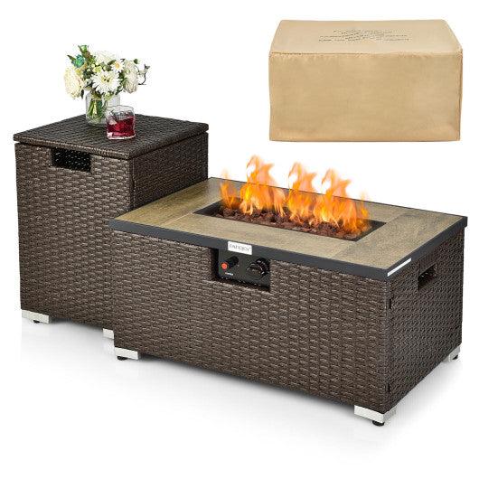 32 x 20 Inch Propane Rattan Fire Pit Table Set with Side Table Tank and Cover-Brown at Set Shop and Smile