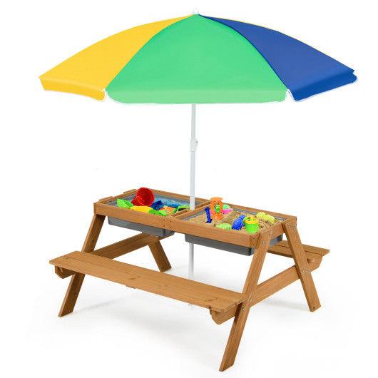 3-in-1 Kids Outdoor Picnic Water Sand Table with Umbrella Play Boxes-Yellow at Set Shop and Smile